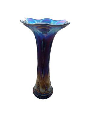 Imperial Carnival Glass Vase 11" Beaded Bullseye Purple Electric Blue Antique